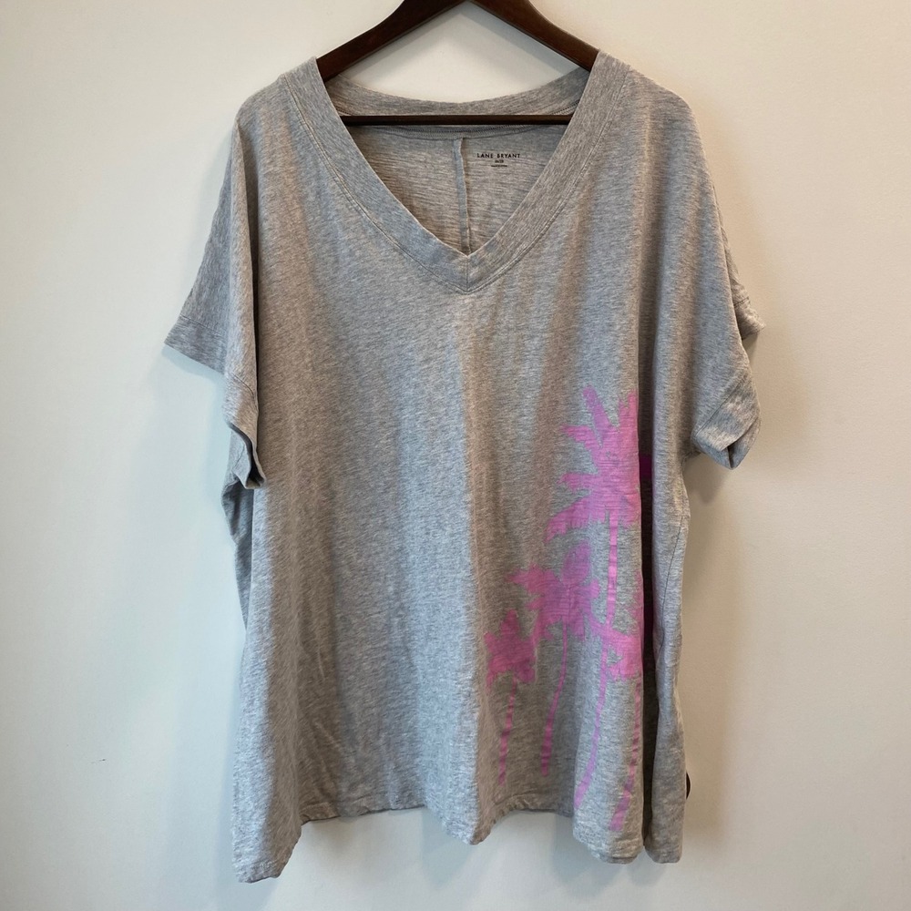 Lane Bryant T-Shirt Women 26/28 Gray Palm Tree Graphic V-Neck Short Sleeve Top